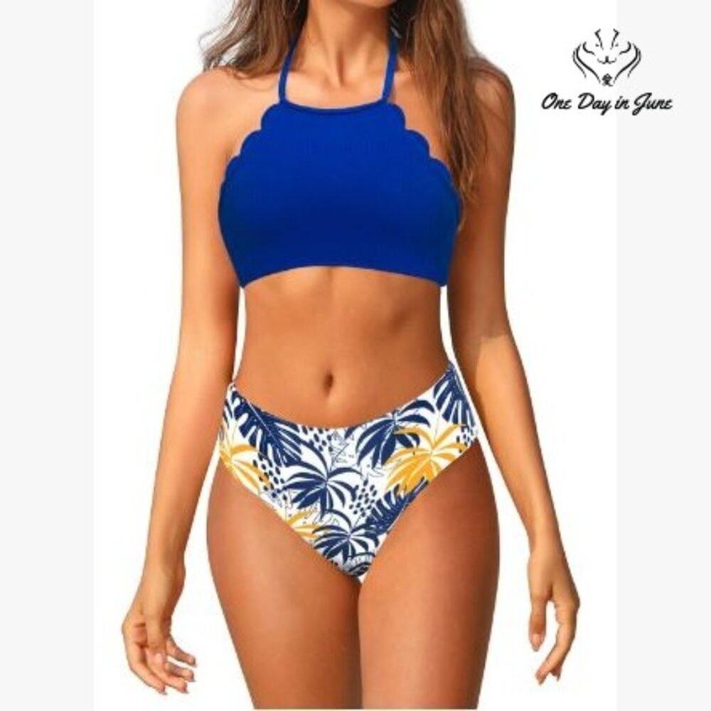 Shekini High Neck Halter Scallop Bikini Swimsuit Size S